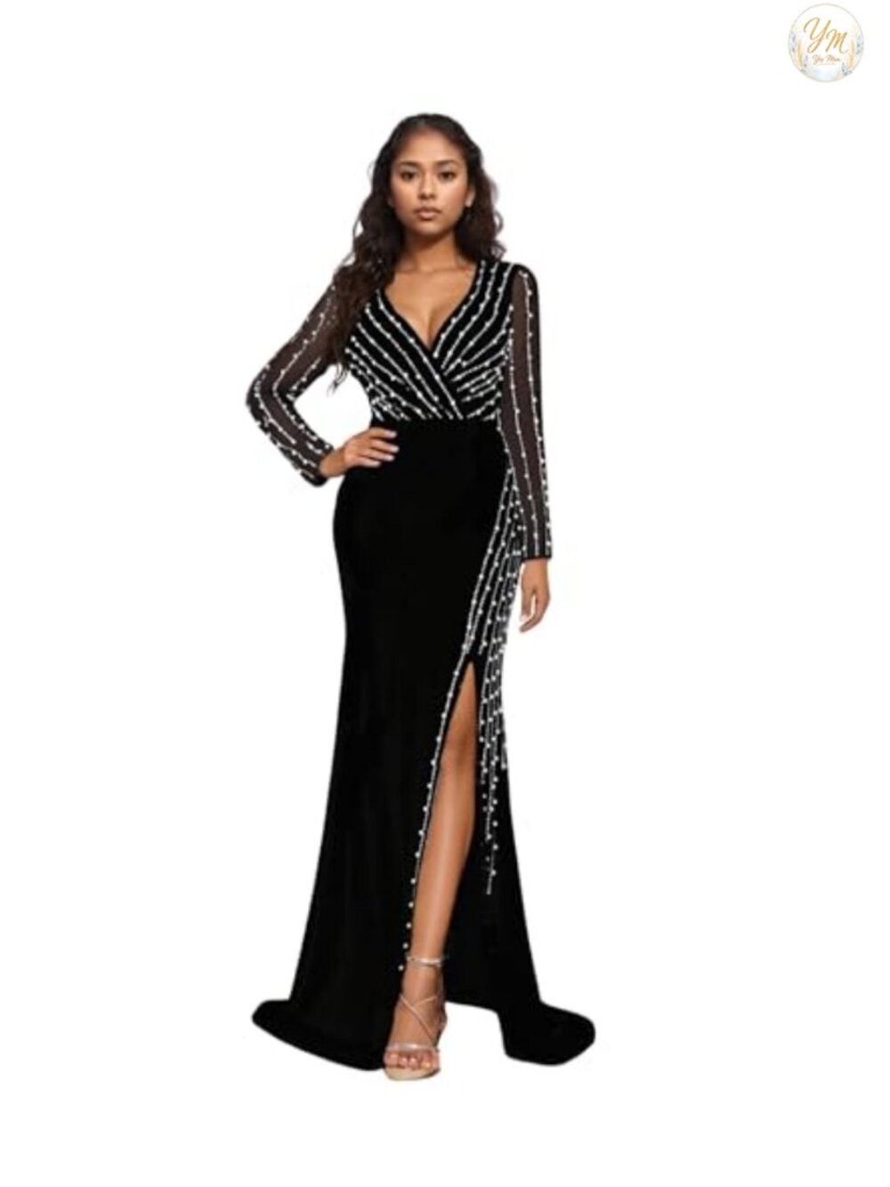 Women's Rhinestone Bodycon Mermaid Dress Long Sleeve Clubwear